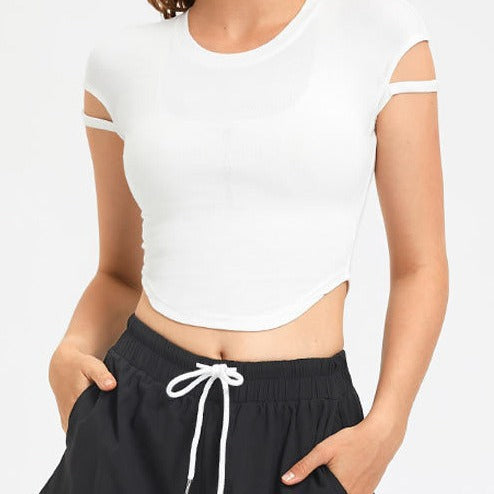 Damen Kurzarm-Crop-Top mit innovativem Design und elastischen Trägern R&B