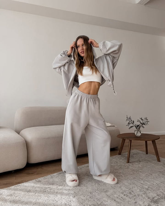 Damen lässiges Fleece-Loungewear-Set mit Kapuze und elastischem Bund R&B