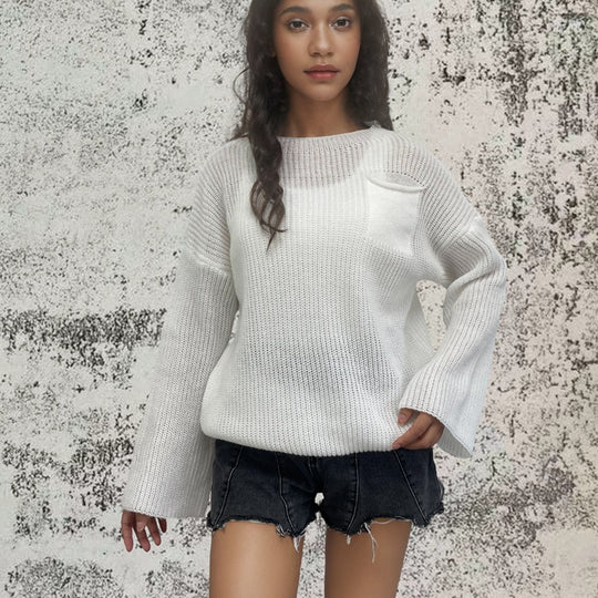 Damen Grob gestrickter Pullover mit lässigem Schnitt und praktischer Tasche R&B