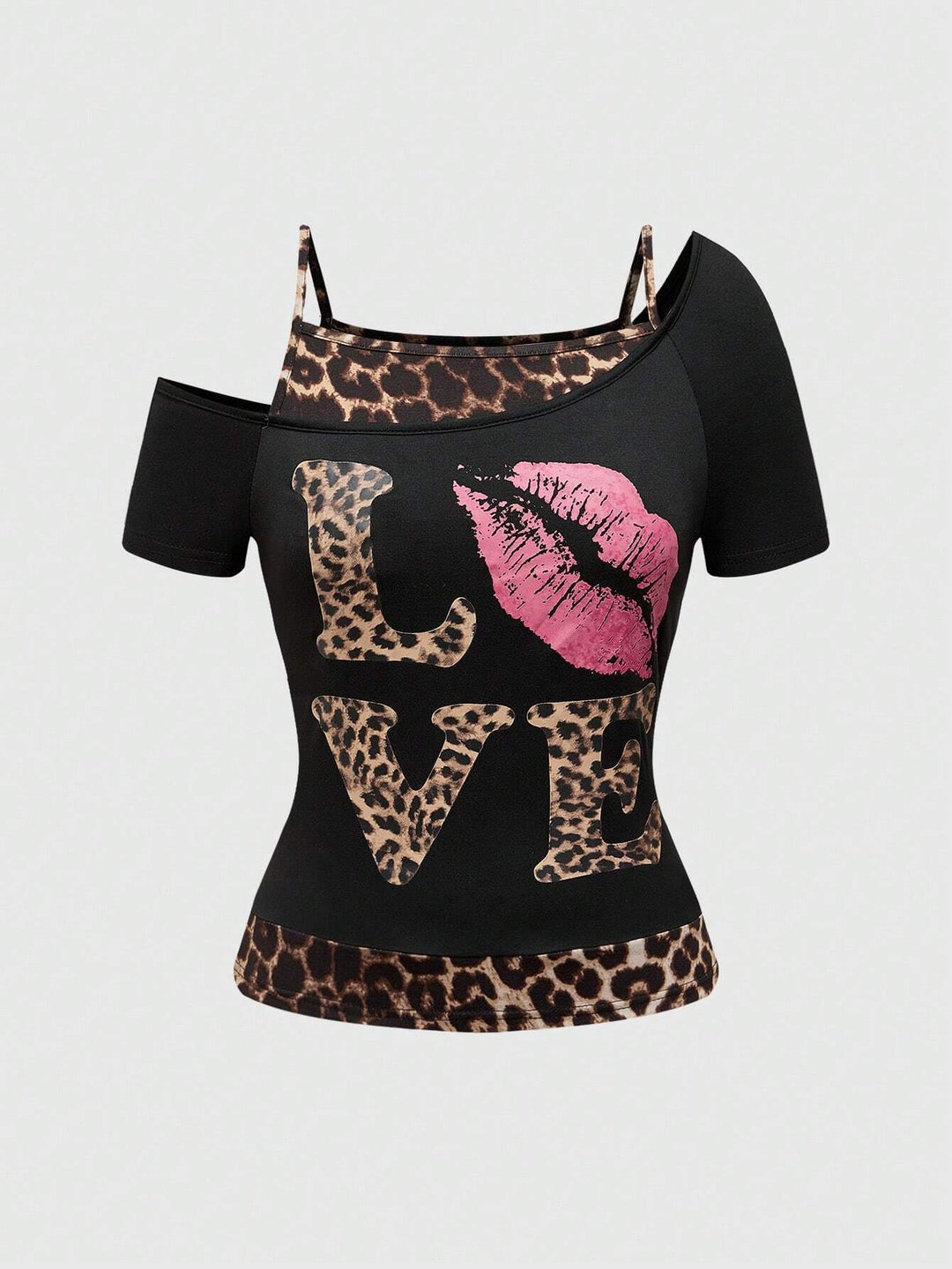 Damen Off-Shoulder Top mit Leopardenmuster und auffälligem Grafikdesign R&B
