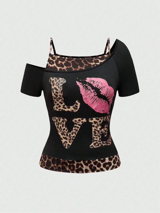Damen Off-Shoulder Top mit Leopardenmuster und auffälligem Grafikdesign R&B