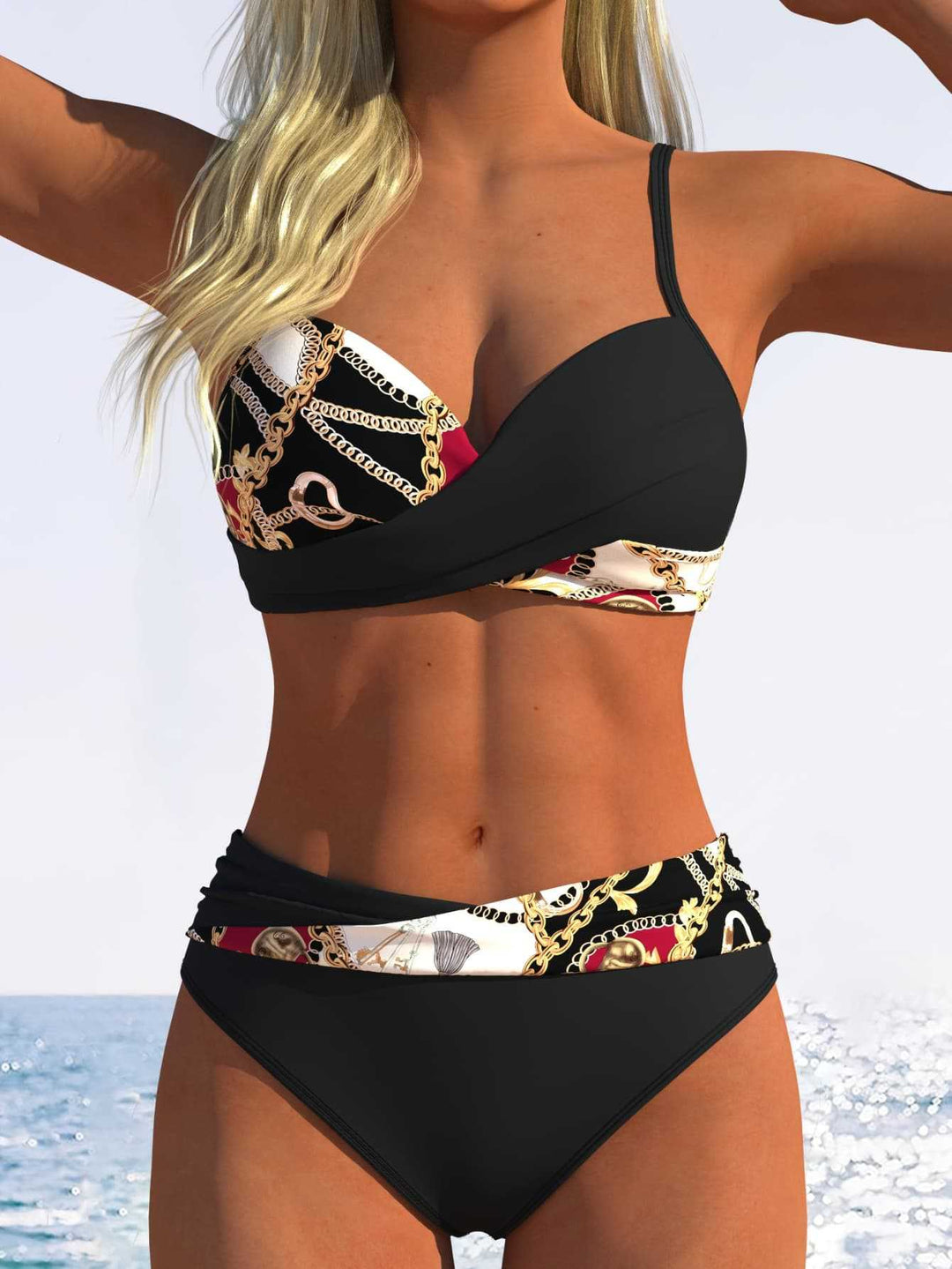 Damen Bikini-Set mit modischer Wickeloptik und schickem Kettenmuster R&B