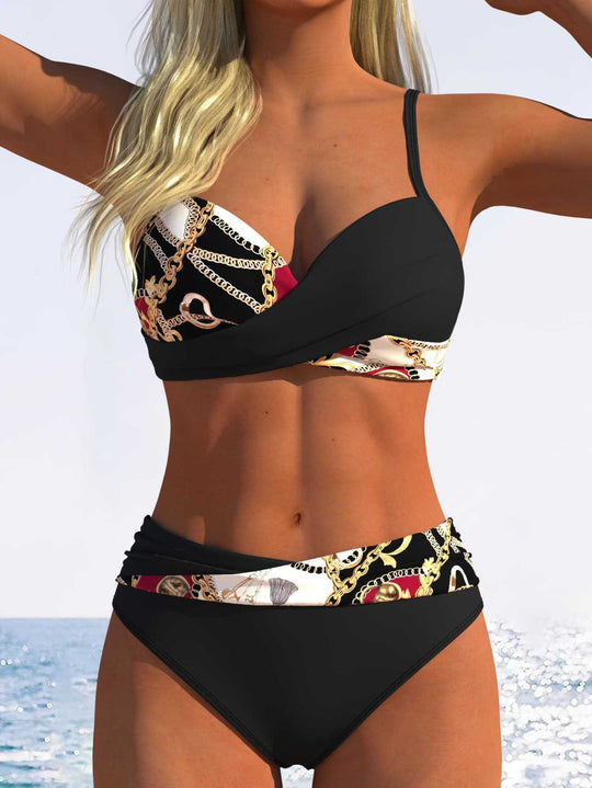 Damen Bikini-Set mit modischer Wickeloptik und schickem Kettenmuster R&B