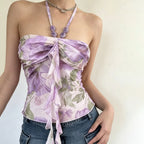 Damen Spaghetti-Trägertop mit floralen Einsätzen und transparenten Rüschen R&B