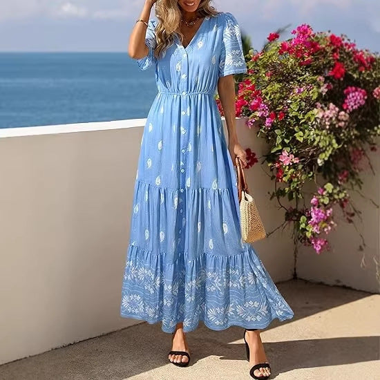 Damen Boho Maxikleid mit floralen Prints und Taillengürtel R&B