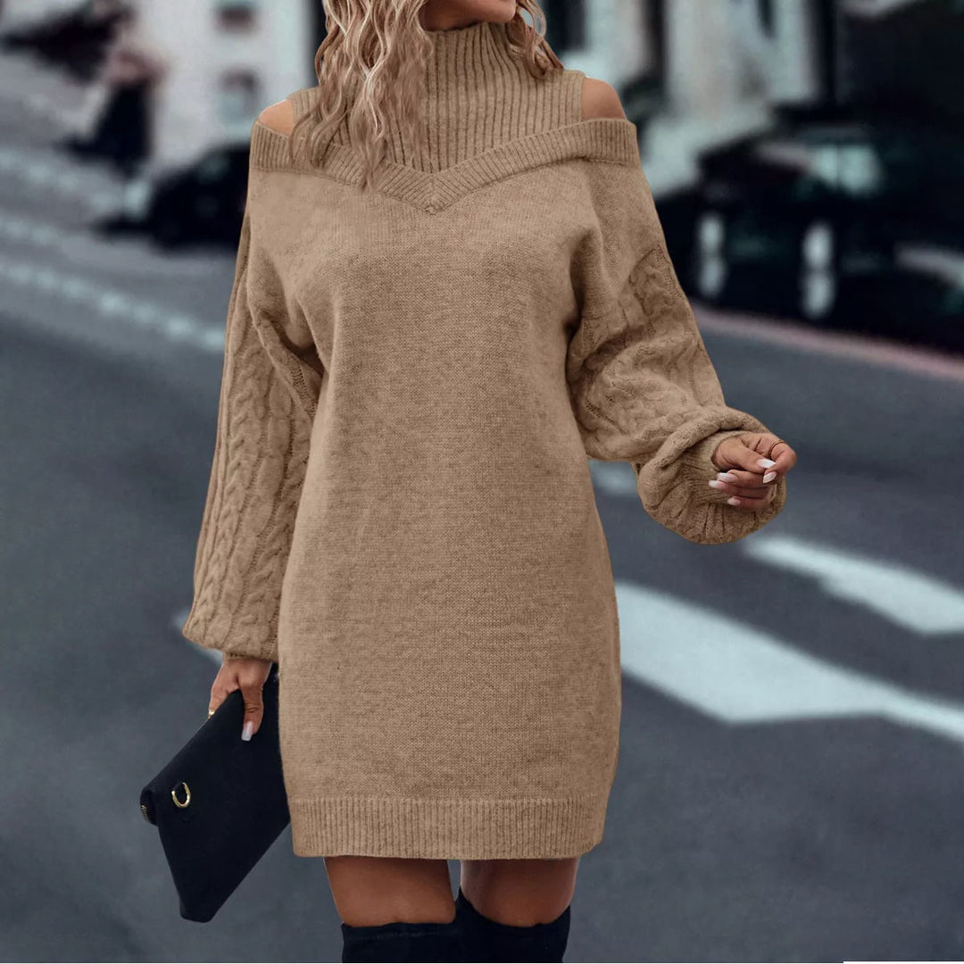 Damen Strickkleid mit kaltem Schulterdesign und Zopfmuster R&B