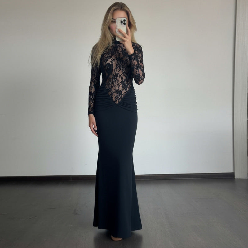 Damen Elegantes Langarm Kleid aus Spitze mit geraffter Silhouette R&B