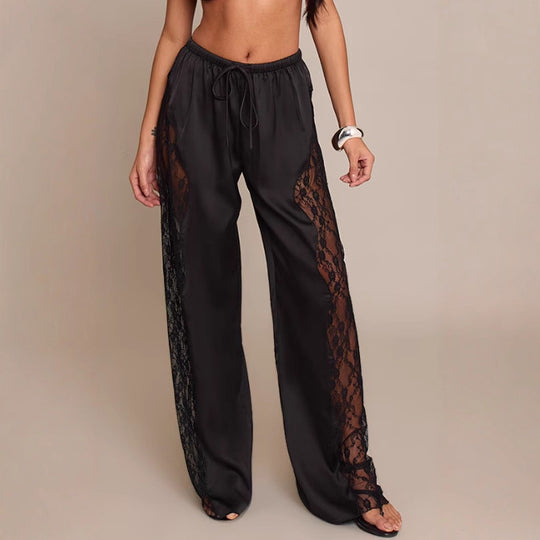 Damen nan Satinhose mit seitlichen Spitzeneinsätzen, weitem Bein und Tunnelzug R&B