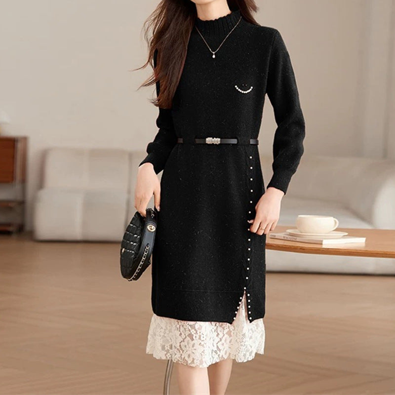 Damen Strickkleid mit dekorativen Knopfdetails und Spitze R&B