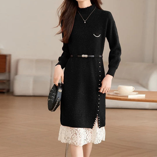 Damen Strickkleid mit dekorativen Knopfdetails und Spitze R&B