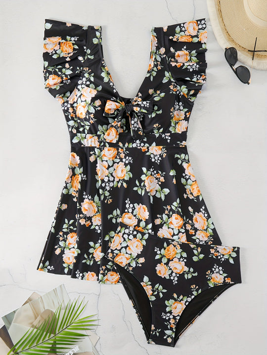 Damen Einteiler Badeanzug mit Rüschendetails und floralem Design R&B