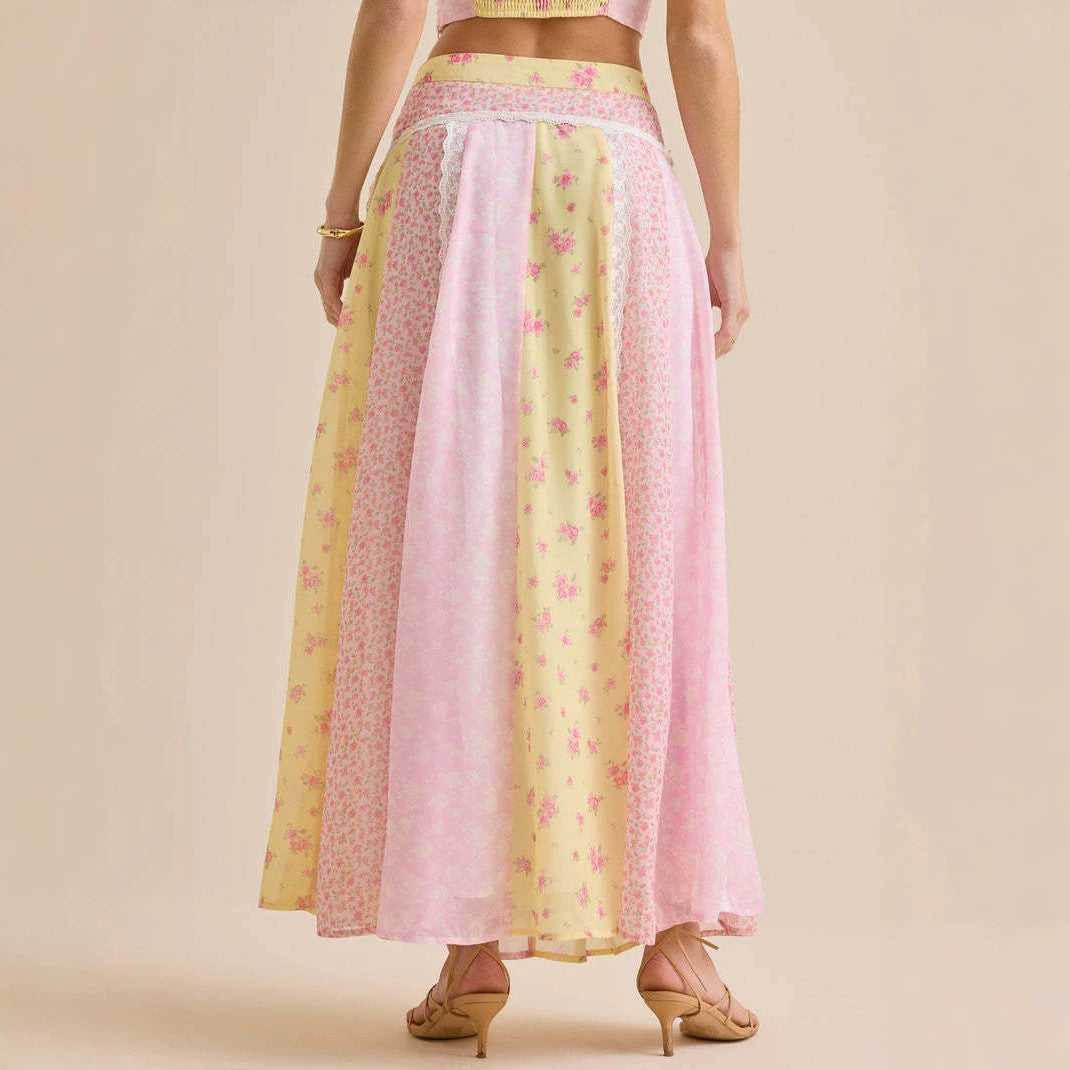 Damen nan romantisches Crop-Top mit Spaghettiträgern und gestuftem Patchwork-Maxirock R&B