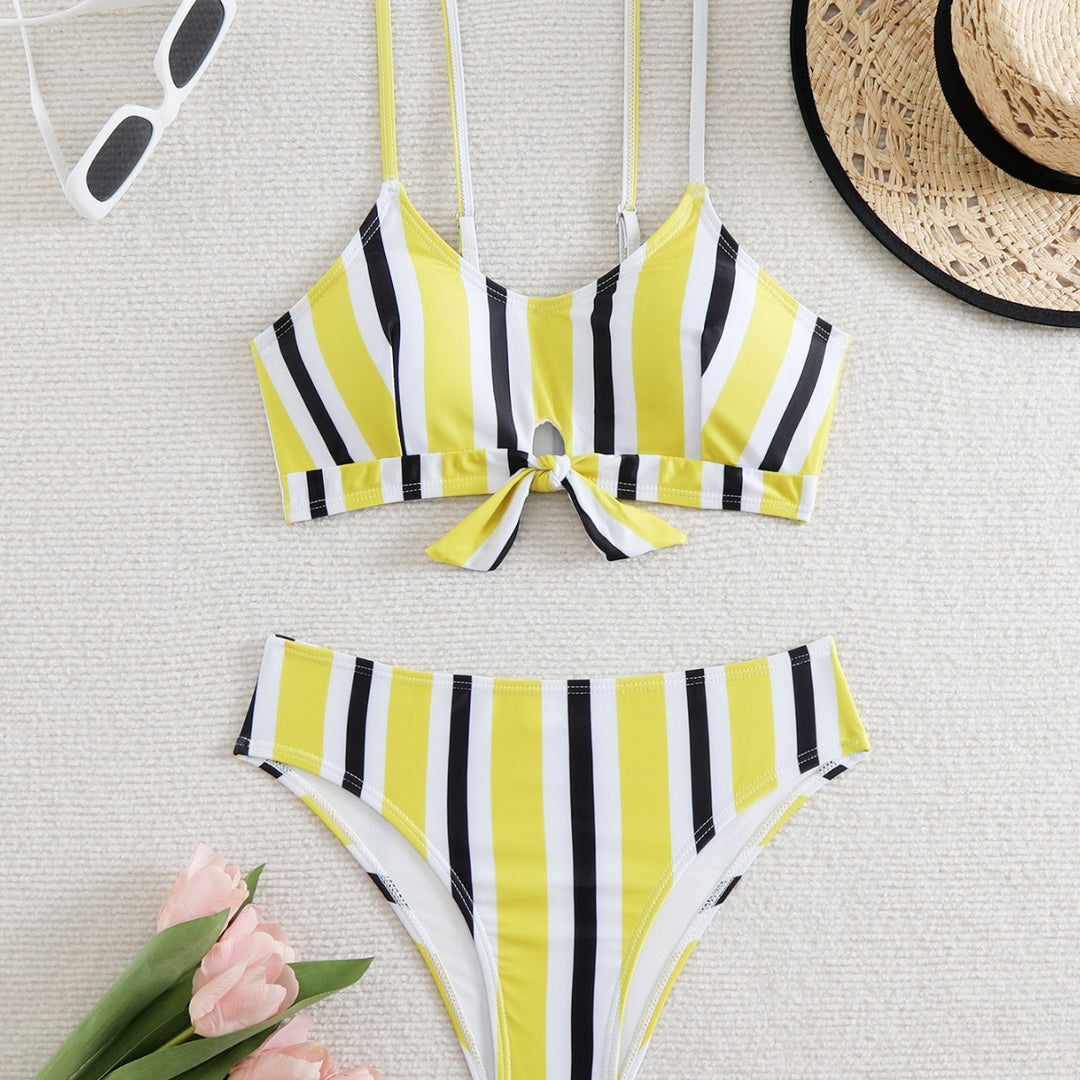 Damen Bikini-Set mit modischem Knoten und buntem Streifenmuster R&B