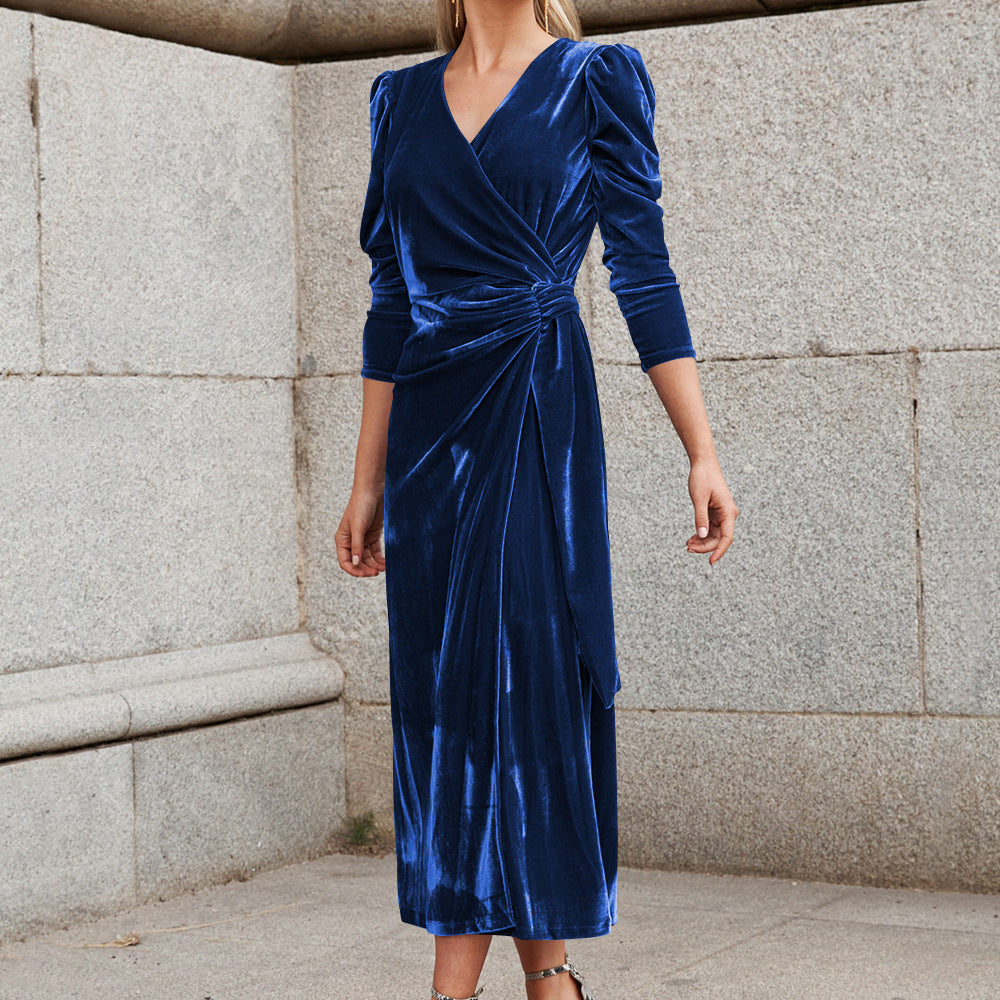 Damen Elegantes Wickelkleid mit Puffärmeln und Goldakzenten R&B