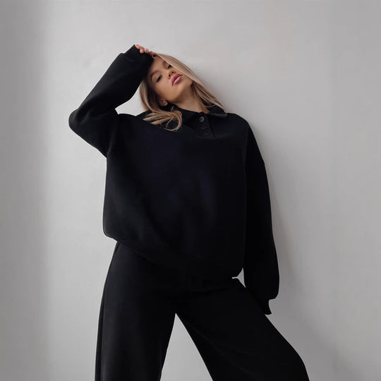 Damen lässiges Sweatshirt- und weite Jogginghose-Set mit modernem Kragen R&B