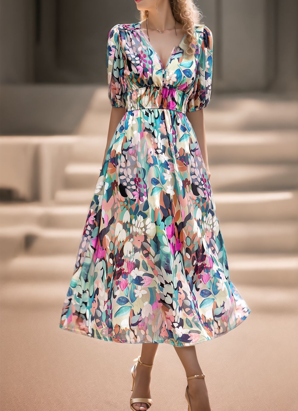 Damen Maxikleid mit voluminösen Puffärmeln und fließendem Rock R&B