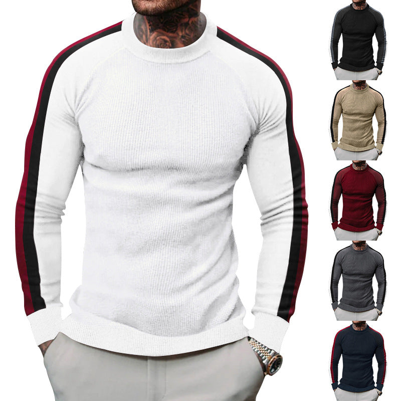 Herren sportlicher Strickpullover mit kontrastierenden Ärmeln und hohem Kragen