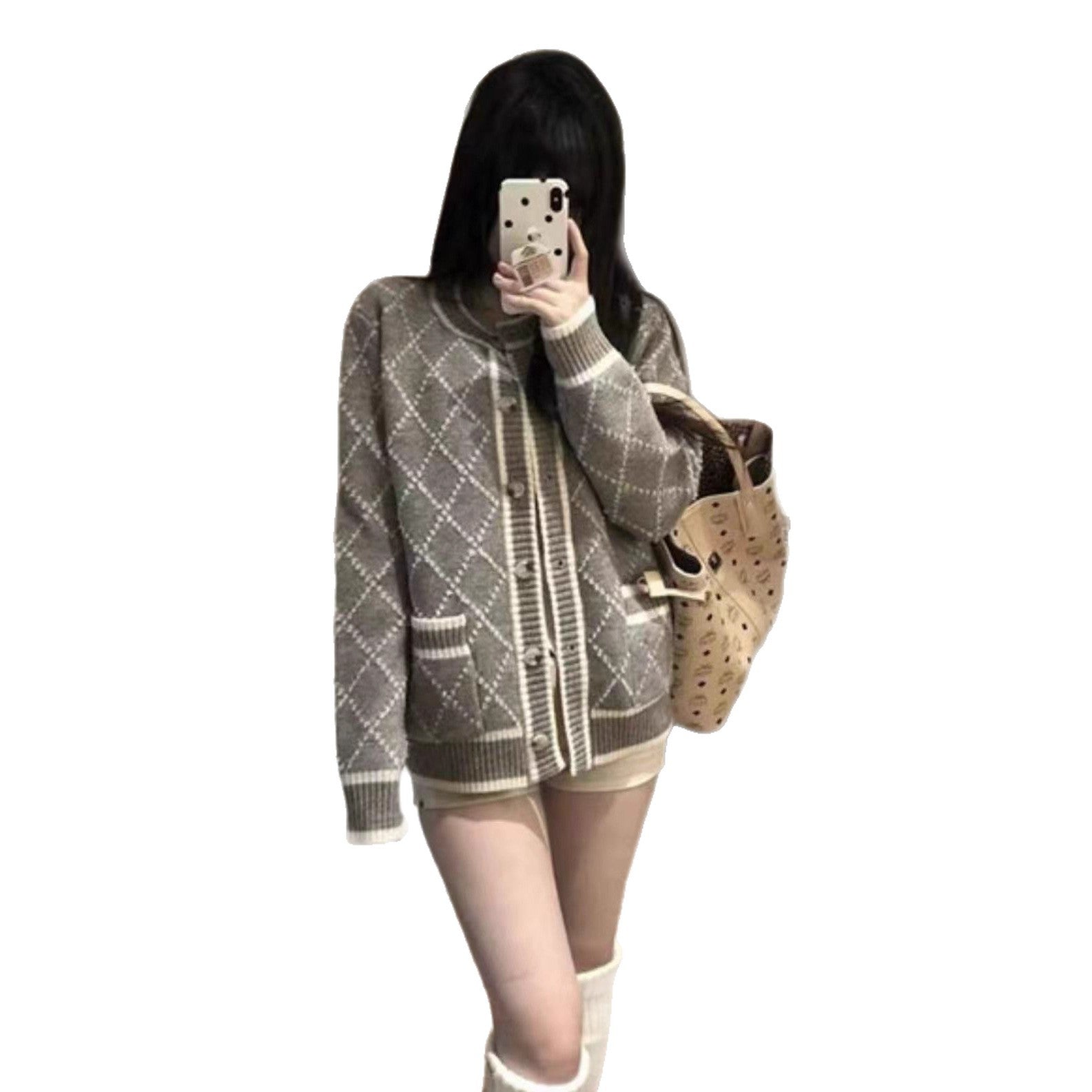Damen modischer Strickcardigan mit eleganter Rautenmusterstruktur und goldenen Knöpfen R&B