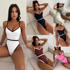 Damen Einteiliger Badeanzug mit sportlichem V-Ausschnitt und modischem Gürtel R&B