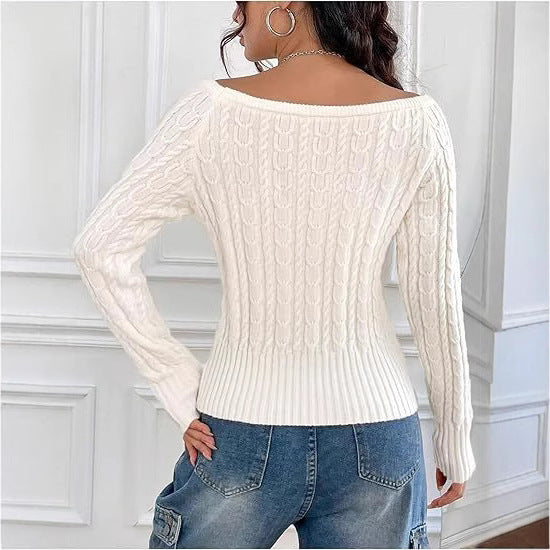 Damen Strickpullover mit elegantem Zopfmuster und italienischem Rundhalsausschnitt R&B