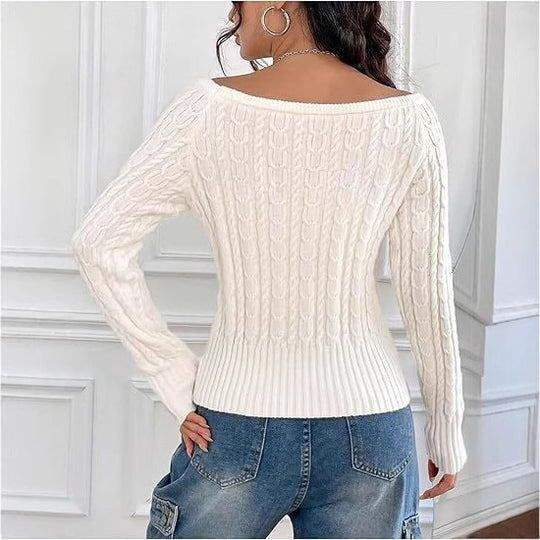 Damen Strickpullover mit elegantem Zopfmuster und italienischem Rundhalsausschnitt R&B