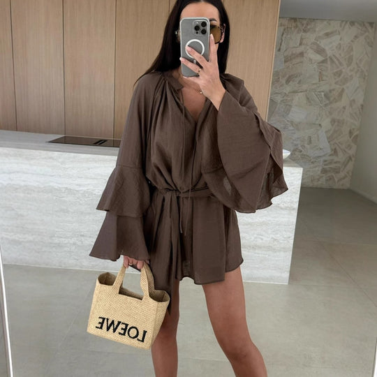 Damen lässiger Kimono mit eleganten Rüschendetails und Taillengürtel R&B