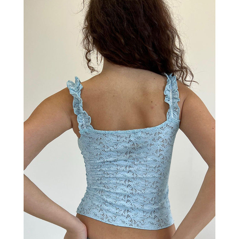 Damen Spitzenoberteil mit Rüschendetails und Bindegürtel R&B