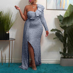 Damen Elegantes schulterfreies Maxikleid mit glitzernden Akzenten und asymmetrischem Design R&B