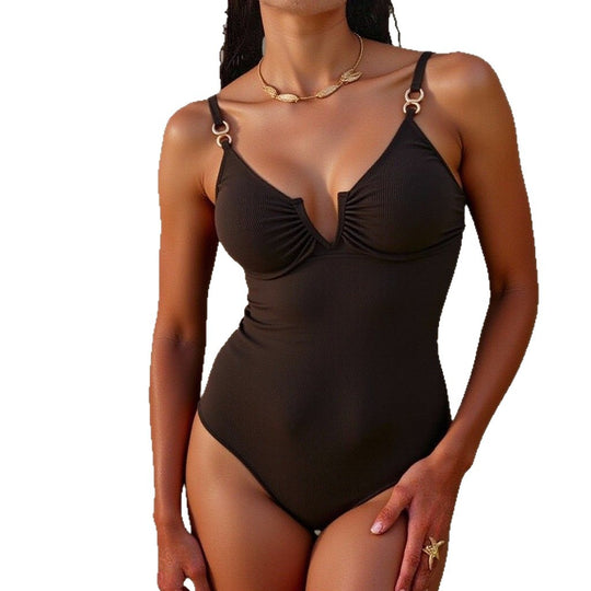 Damen Eleganter Schwimmanzug mit vertieftem Ausschnitt und feinem Rüschendetail R&B