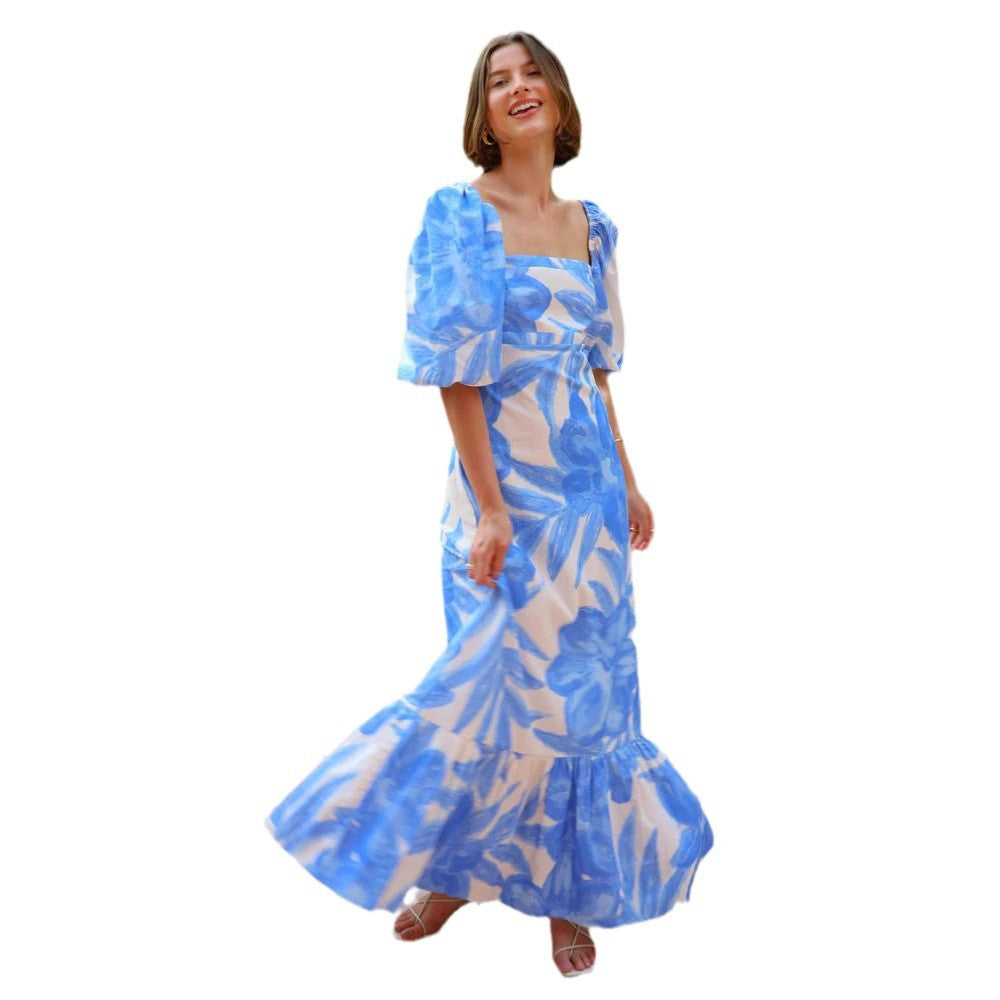 Damen Maxikleid mit eleganten Puffärmeln und floralen Akzenten R&B