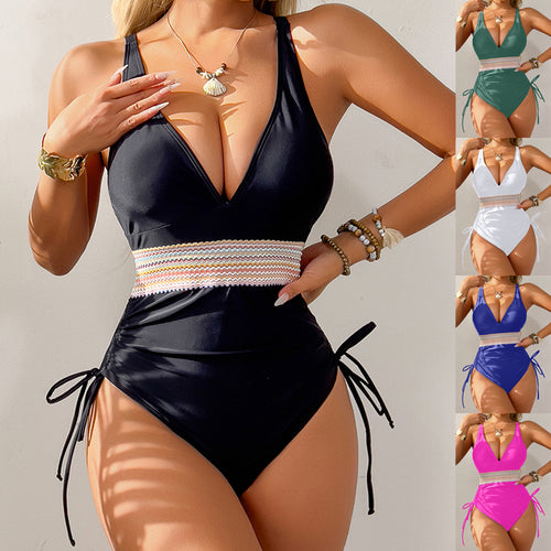 Damen Einteiliger Badeanzug mit raffiniertem V-Ausschnitt und verstellbarem Raffungselement R&B