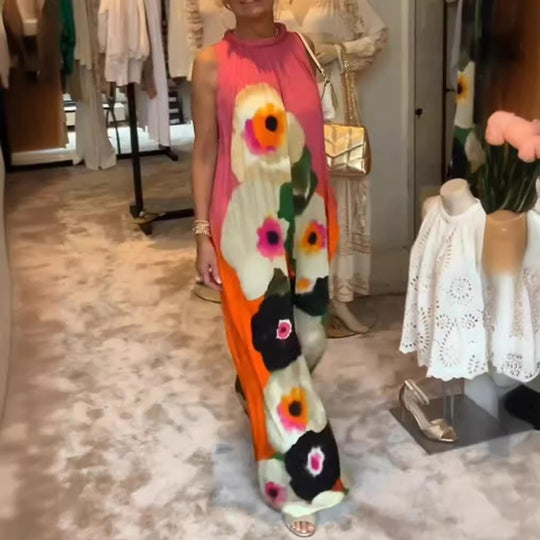 Damen nan ärmelloses Maxikleid mit gerafftem Stehkragen, weitem Palazzoschnitt und großfloralem Druck R&B
