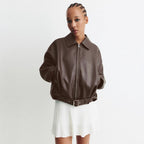 Damen Modische Kunstlederjacke mit weitem Schnitt und Taillengürtel R&B