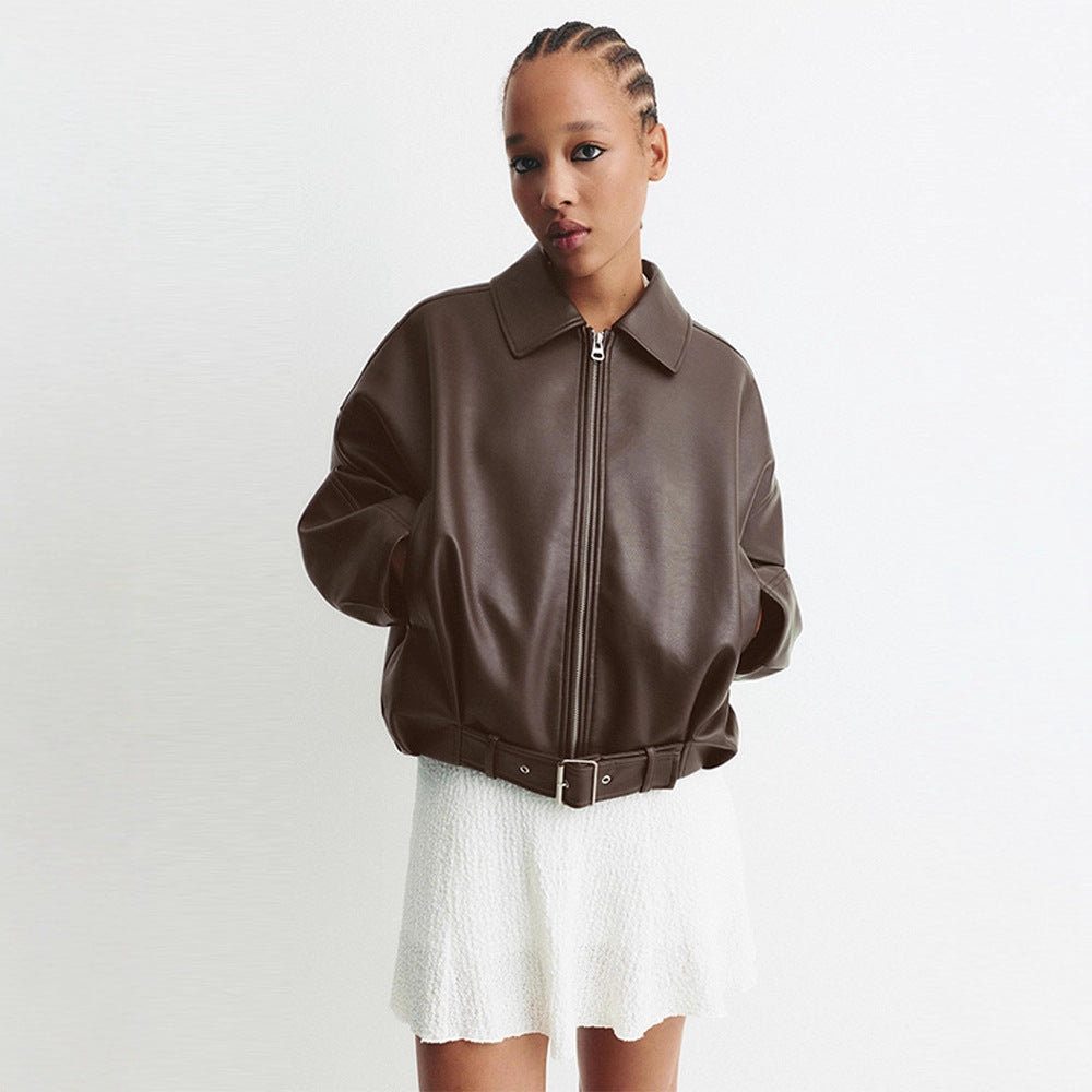 Damen Modische Kunstlederjacke mit weitem Schnitt und Taillengürtel R&B