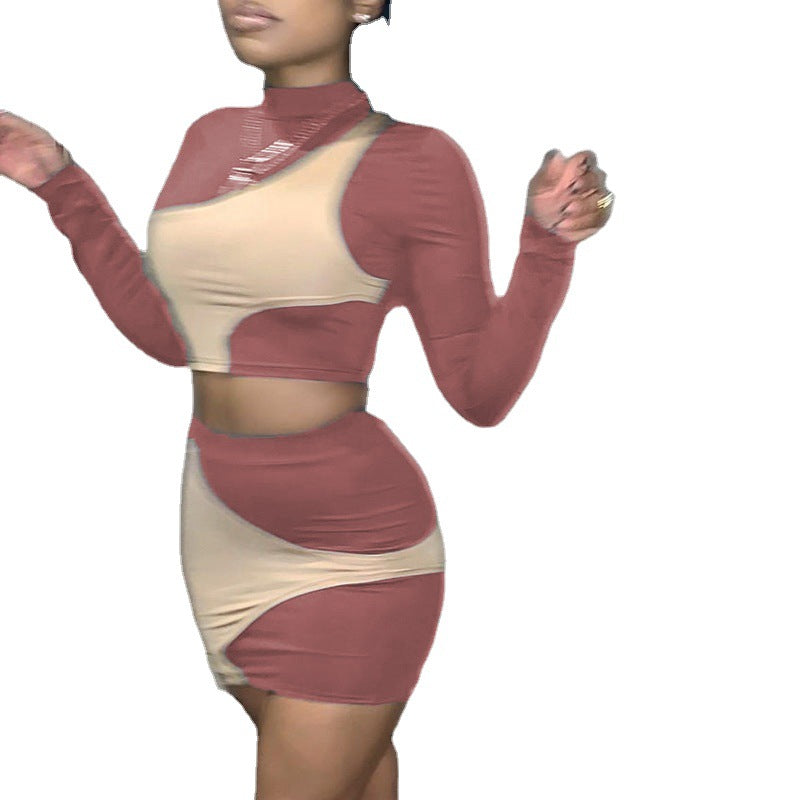 Damen Buntes Crop-Top und Minirock-Set mit asymmetrischem Design R&B