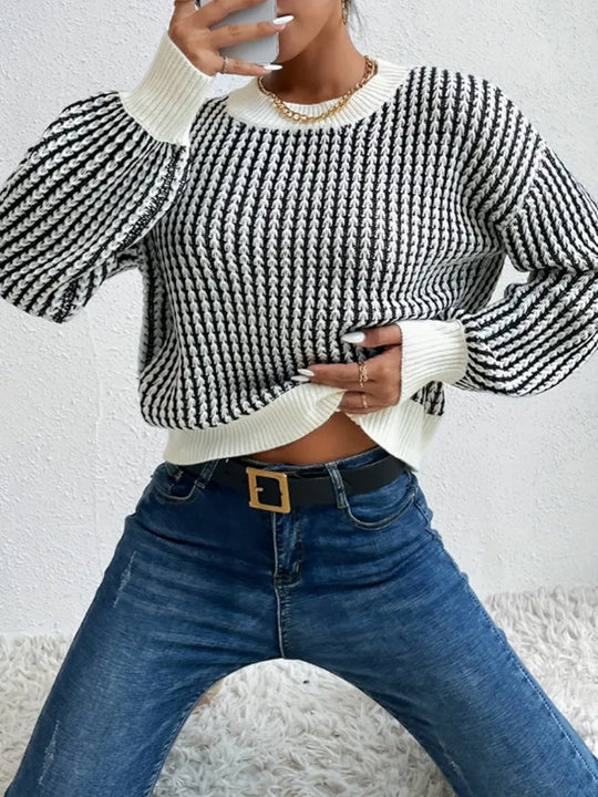 Damen lässiger Strickpullover mit voluminösen Ärmeln und strukturiertem Muster R&B