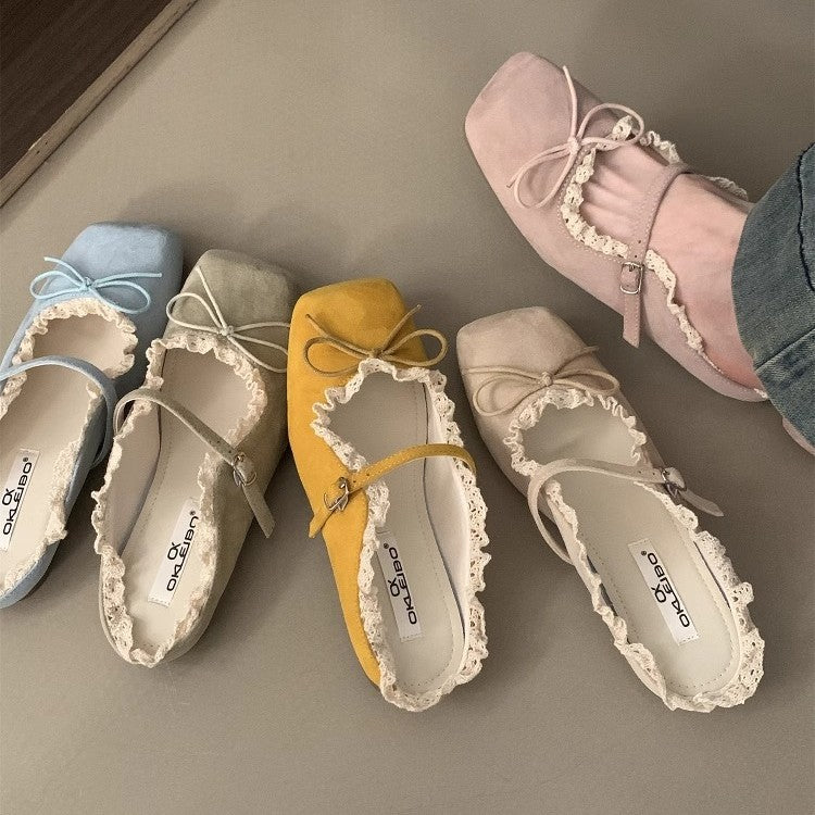 Damen elegante Ballerinas mit zartem Riemchen und Spitzenbesatz R&B