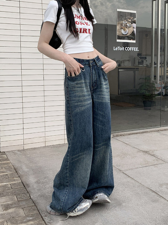 Damen Hoch geschnittene Wide-Leg Jeans mit lässigem Schnitt und einzigartiger Waschung R&B