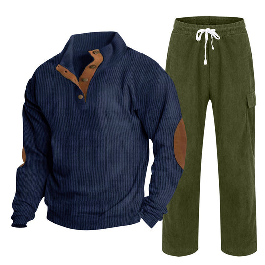Herren nan Strick-Freizeitset mit Knopfleiste und Ellenbogenaufnähern sowie Cord-Cargohose R&B