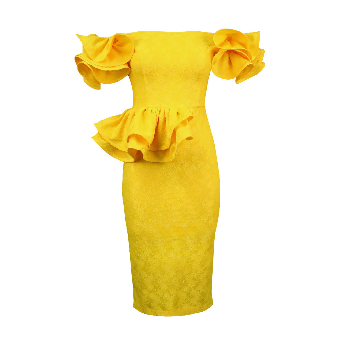 Damen figurbetontes Cocktailkleid mit voluminösen Rüschenärmeln R&B