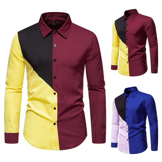 Herren Langarmhemd mit geometrischem Farbblock-Design und modernem Kragen R&B