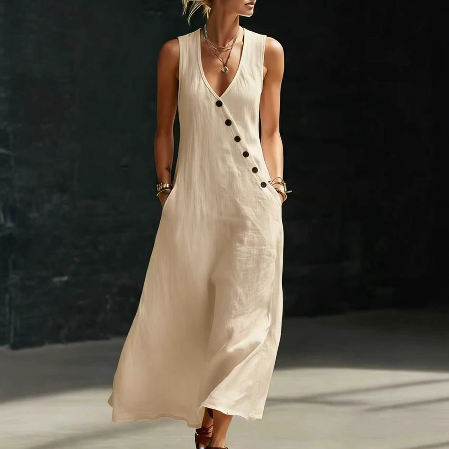 Damen Langarmkleid mit seitlichem Schlitz und Knopfdetails R&B