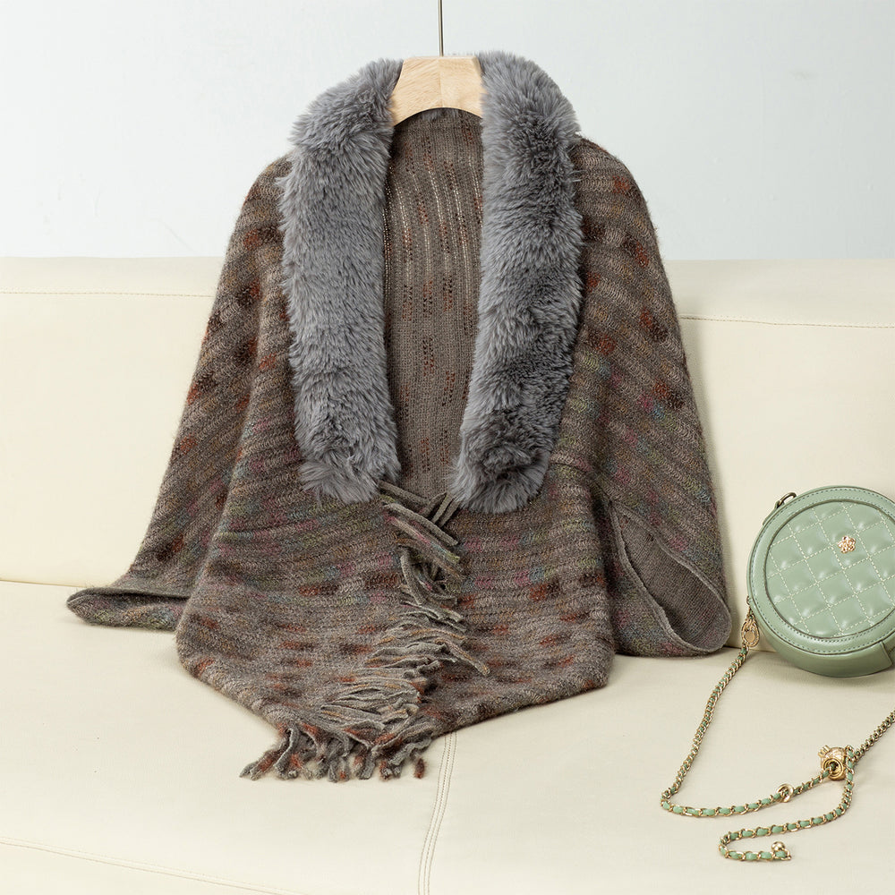 Damen eleganter Poncho mit luxuriösem Kunstfellkragen und Fransen R&B