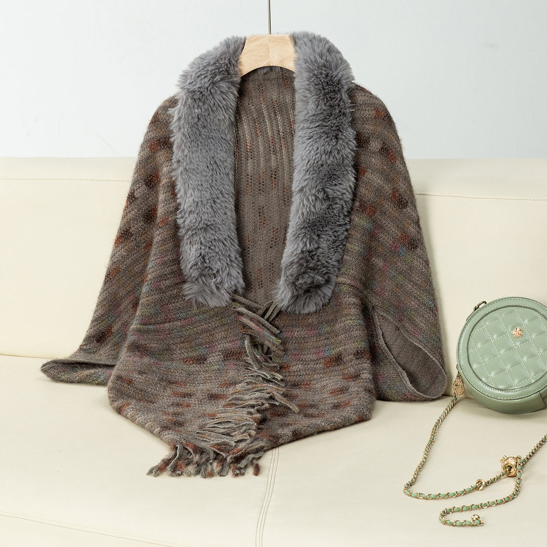 Damen eleganter Poncho mit luxuriösem Kunstfellkragen und Fransen R&B