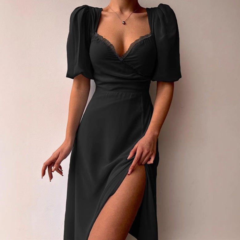 Damen Elegantes Maxikleid mit Puffärmeln und tiefem Schlitz R&B