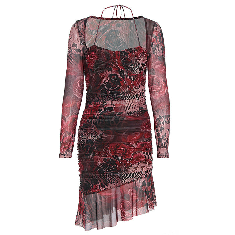 Damen figurbetontes Minimidi-Kleid mit transparentem Design und Blumenmuster R&B