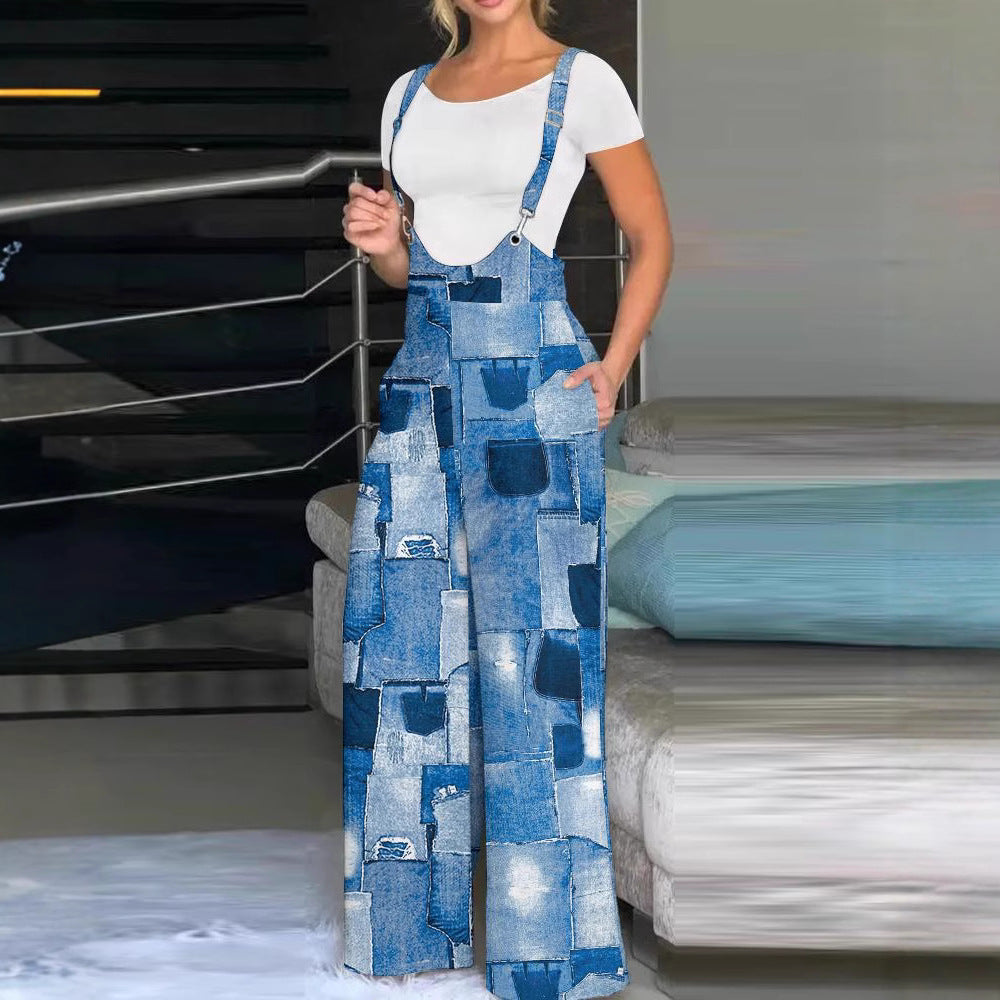 Damen modische Latzhose mit weitem Bein und buntem Grafikdesign R&B