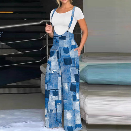 Damen modische Latzhose mit weitem Bein und buntem Grafikdesign R&B