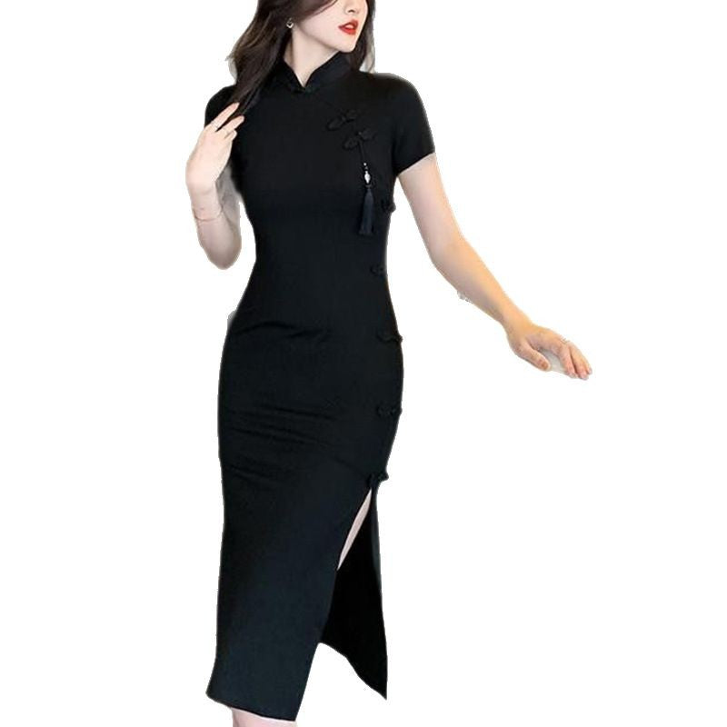 Damen elegantes Bodycon-Kleid mit hohem Schlitz und kurzen Ärmeln