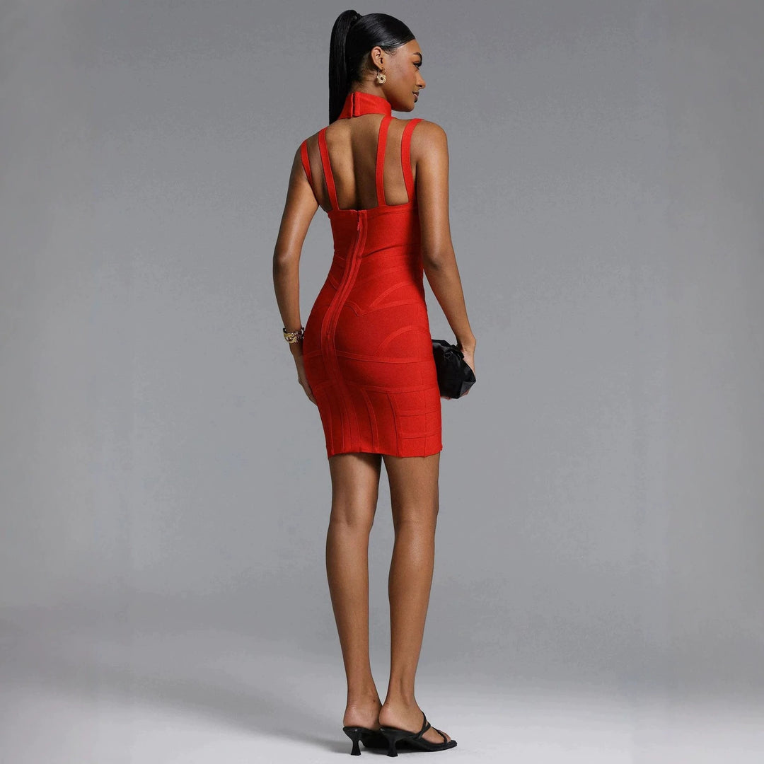 Damen Figurbetontes Minikleid mit hochgeschlossenem Ausschnitt und raffinierten Cut-Outs R&B